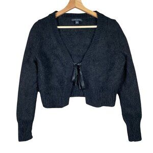 VTG Banana Republic Sweater M Black Fuzzy Angora Cropped Cardigan Bow Tie Front